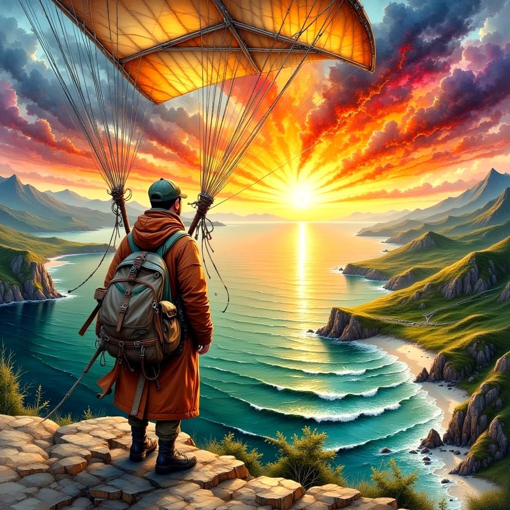 Hang Glider Over Sunrise Landscape as Impasto Painting