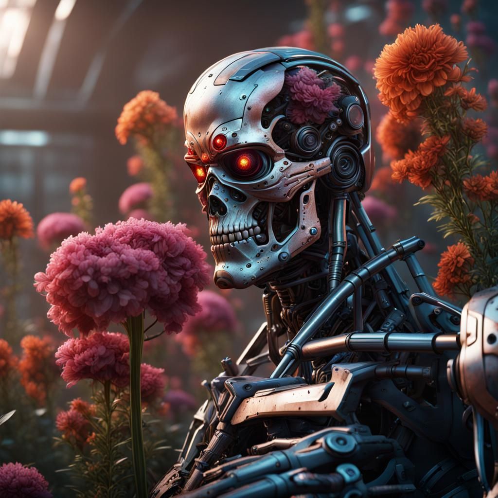 Terminator Smelling Flowers in Detailed Matte Painting