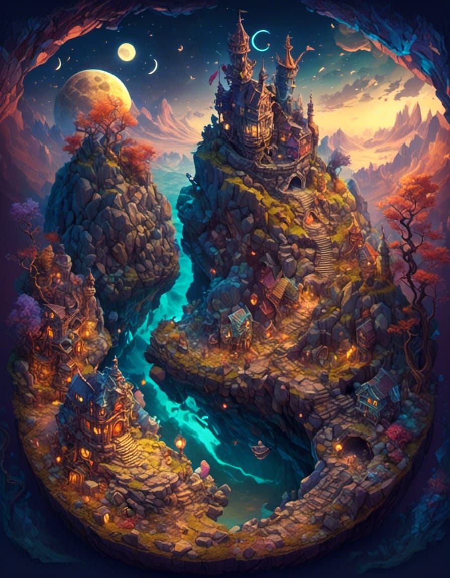 Isometric Crescent Moon Cityscape in Vector Art Style