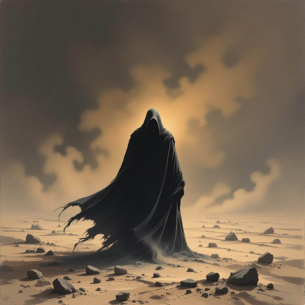 Desolate Figure in Barren Landscape, Surreal Illustration
