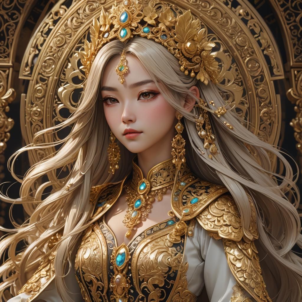 Golden Glowing Anime Queen Portrait in 3D