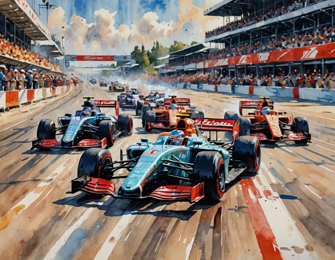 Formula One Finish Line in Epic Impressionist Gouache