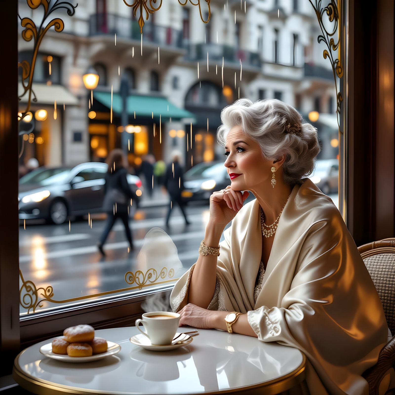 Elegant Woman in Cozy Cafe at Dusk