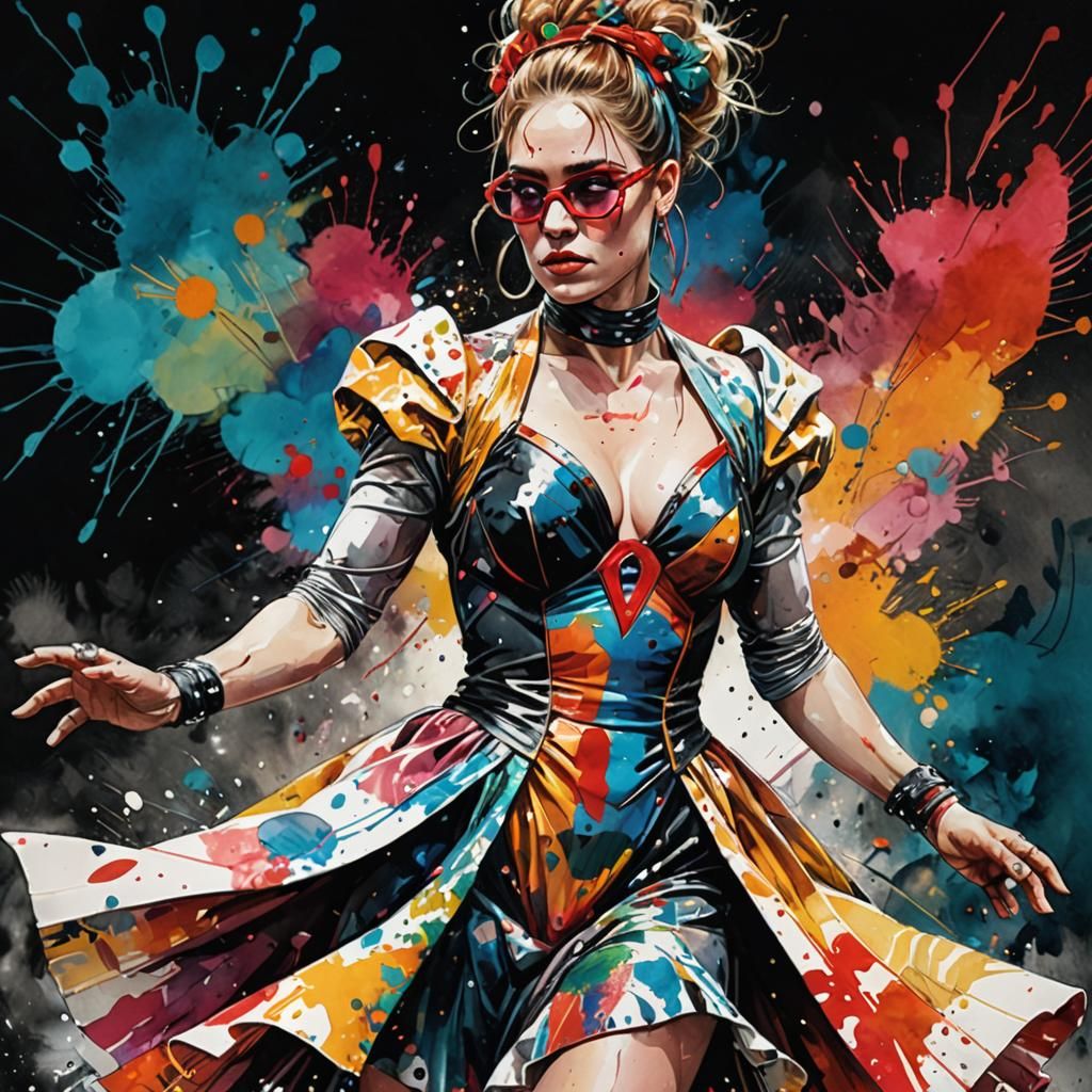 Wrestler in Elton John Dress: Vibrant Mixed Media Art