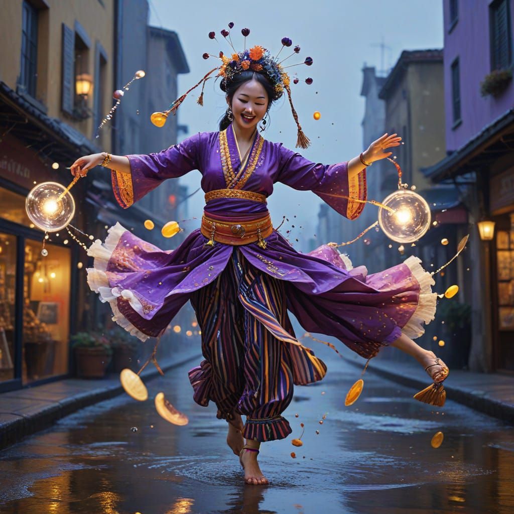 Whimsical Asian Fool in Vibrant Striped Pants Dances with Gl...