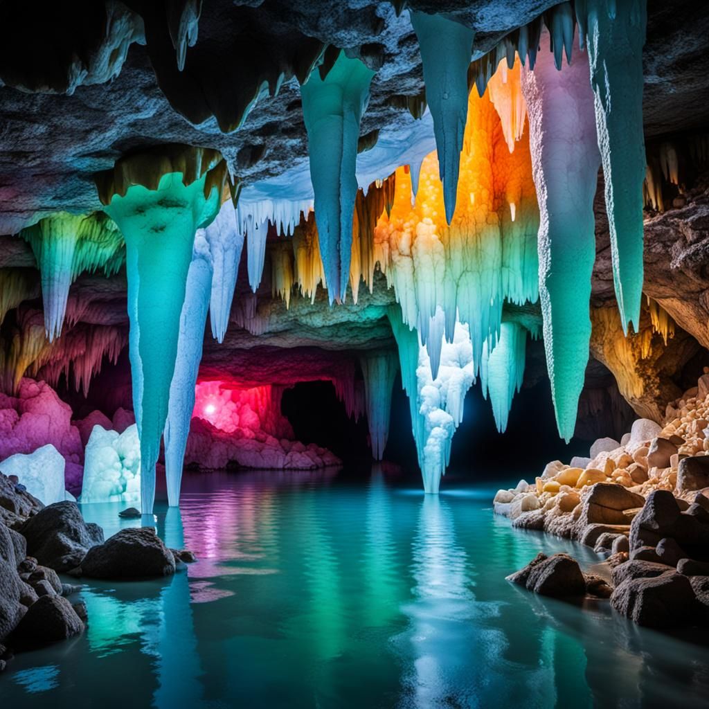 Crystal Ice Cave with Vibrant Colored Stalactites and Stalag...