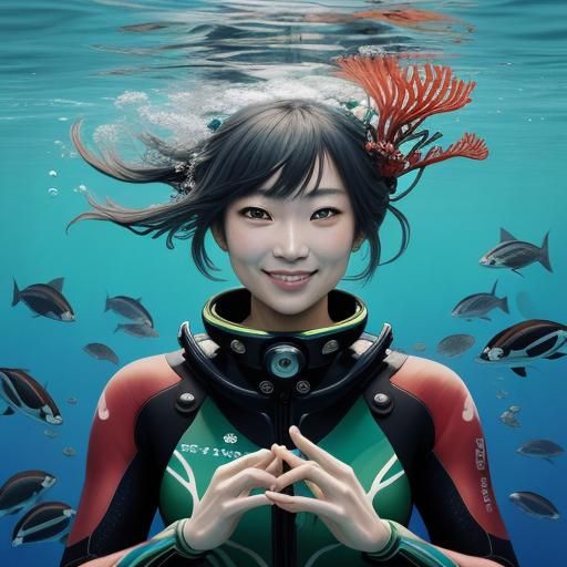 Underwater Portrait of Japanese Girl in Ukiyo-e Style