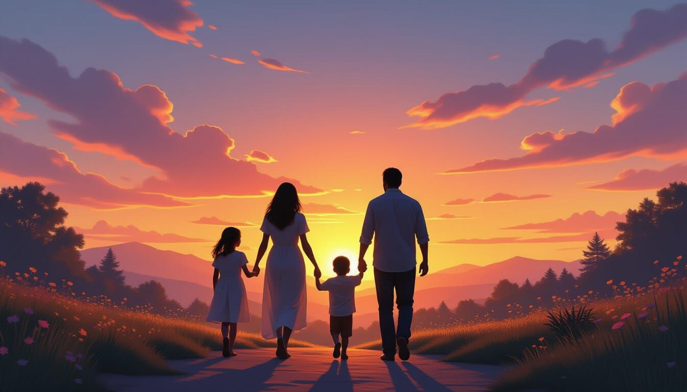 Family Walking Towards a Glowing Paradise Horizon
