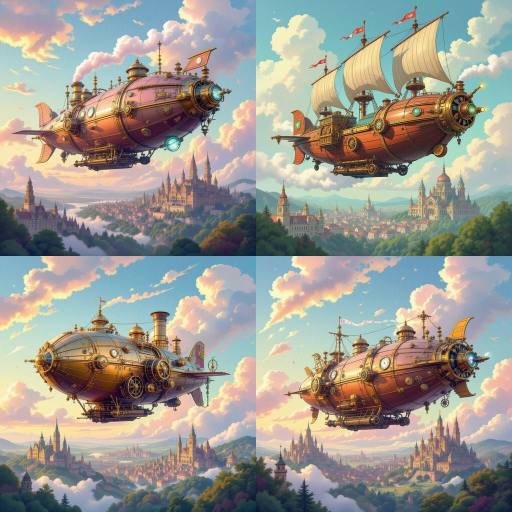 Steampunk Airship Soaring Through Cotton Candy Sky