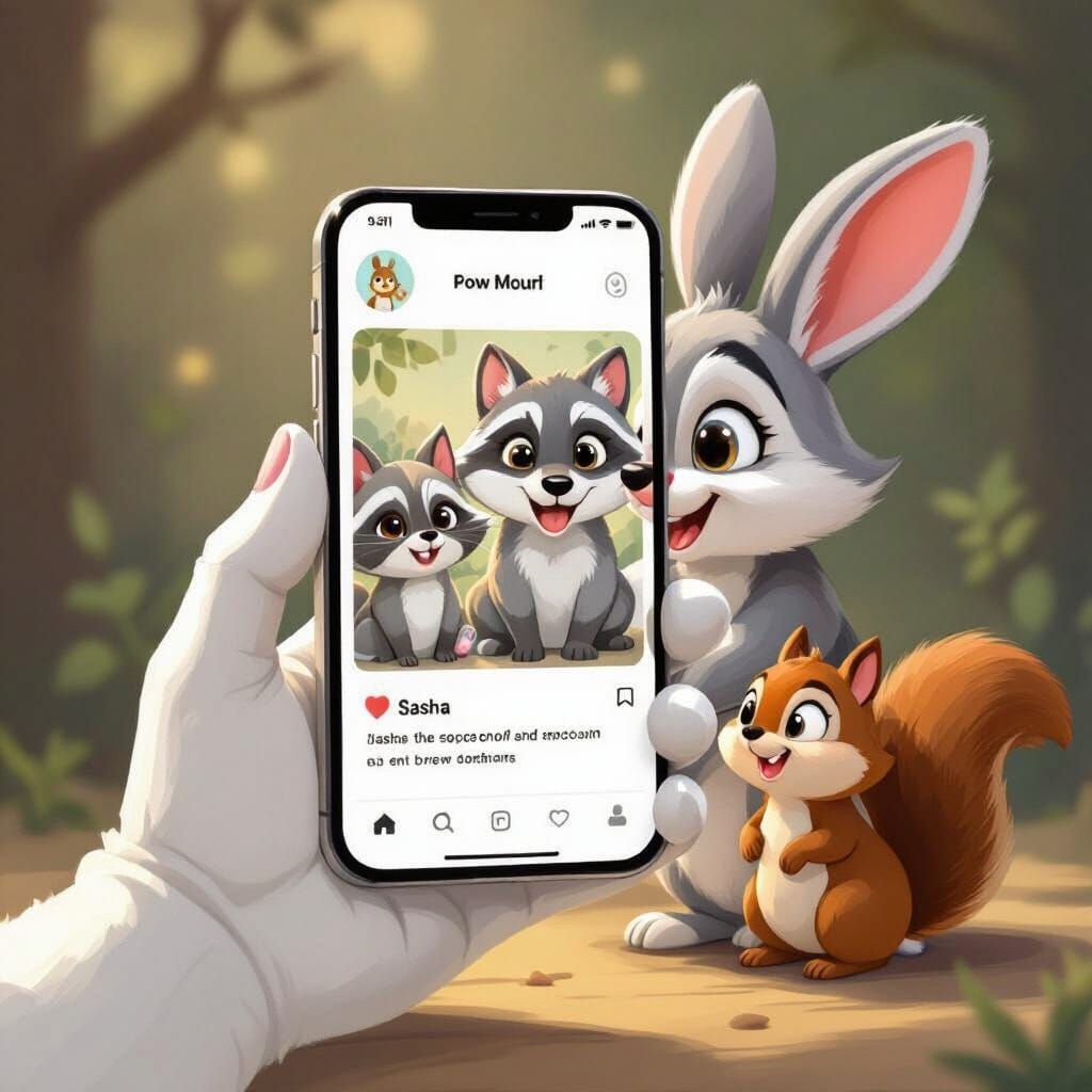 White Rabbit Holds Smartphone with Cartoon Friends