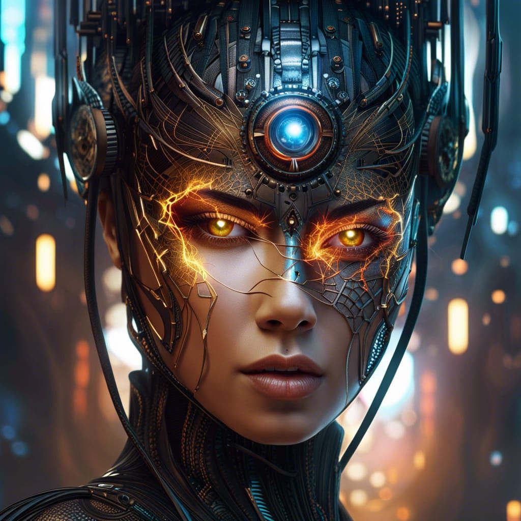 Cybernetic Woman with Cracked Skin and Flames