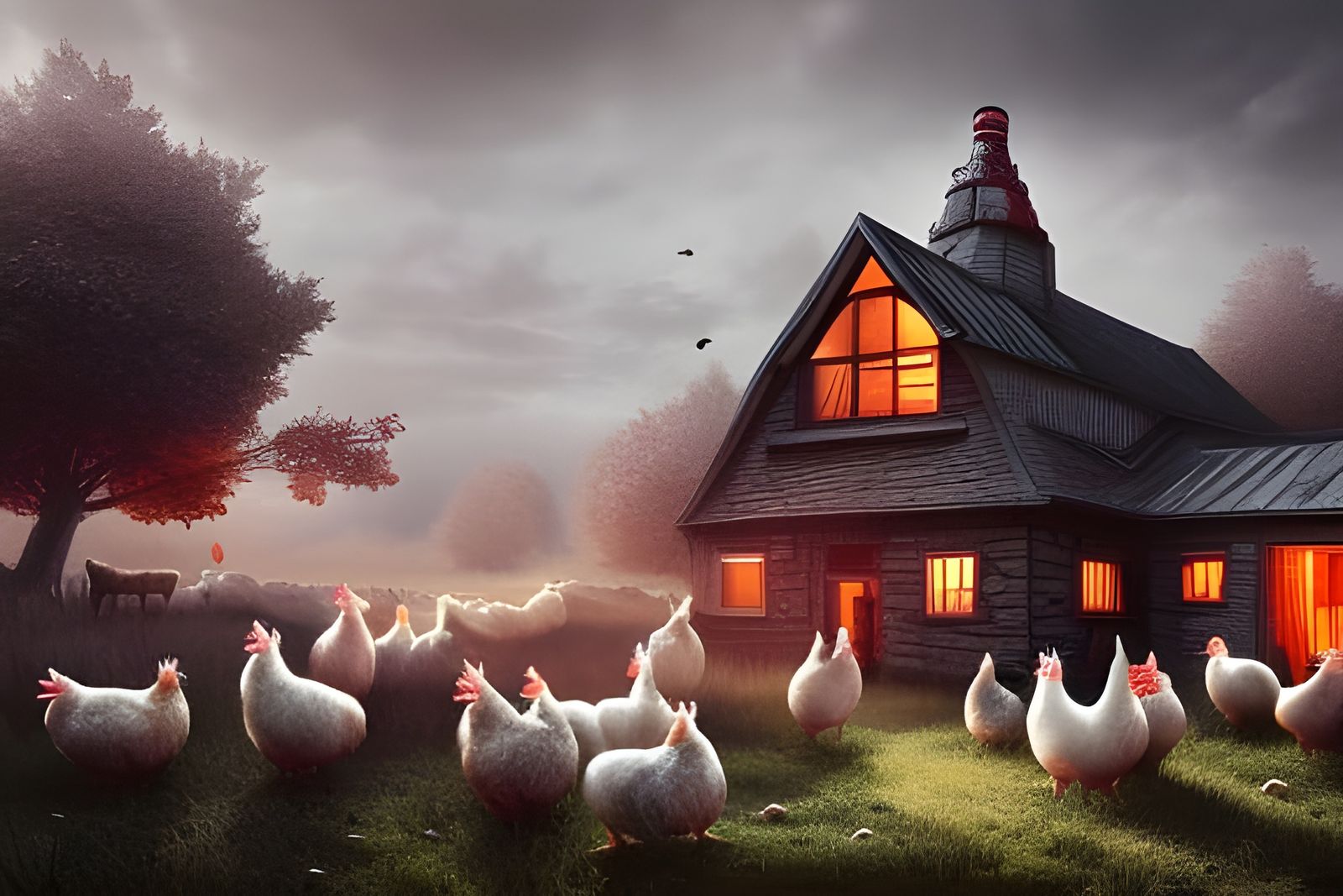 Fantasy Farmhouse Scene with Chickens and Sheep