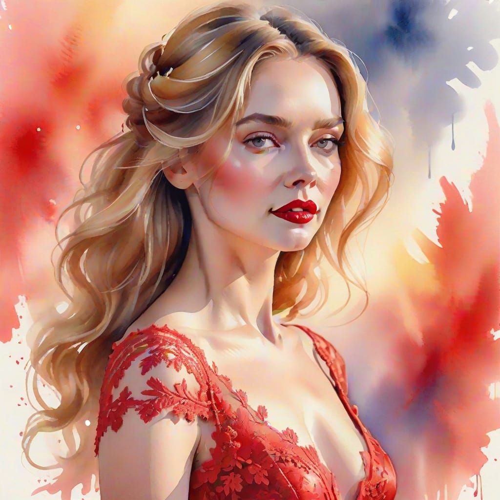 Glamorous Woman in Red Lace Dress - Watercolor Masterpiece