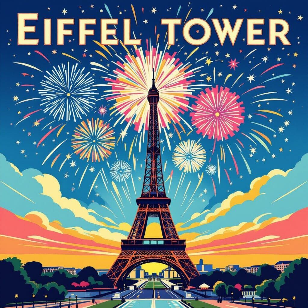 Eiffel Tower Fireworks in Vintage Poster Style