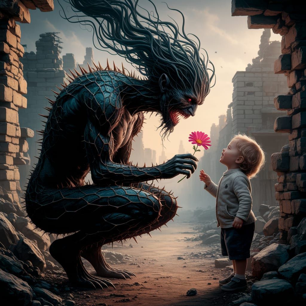 Compassionate Thorned Creature Offers Flower