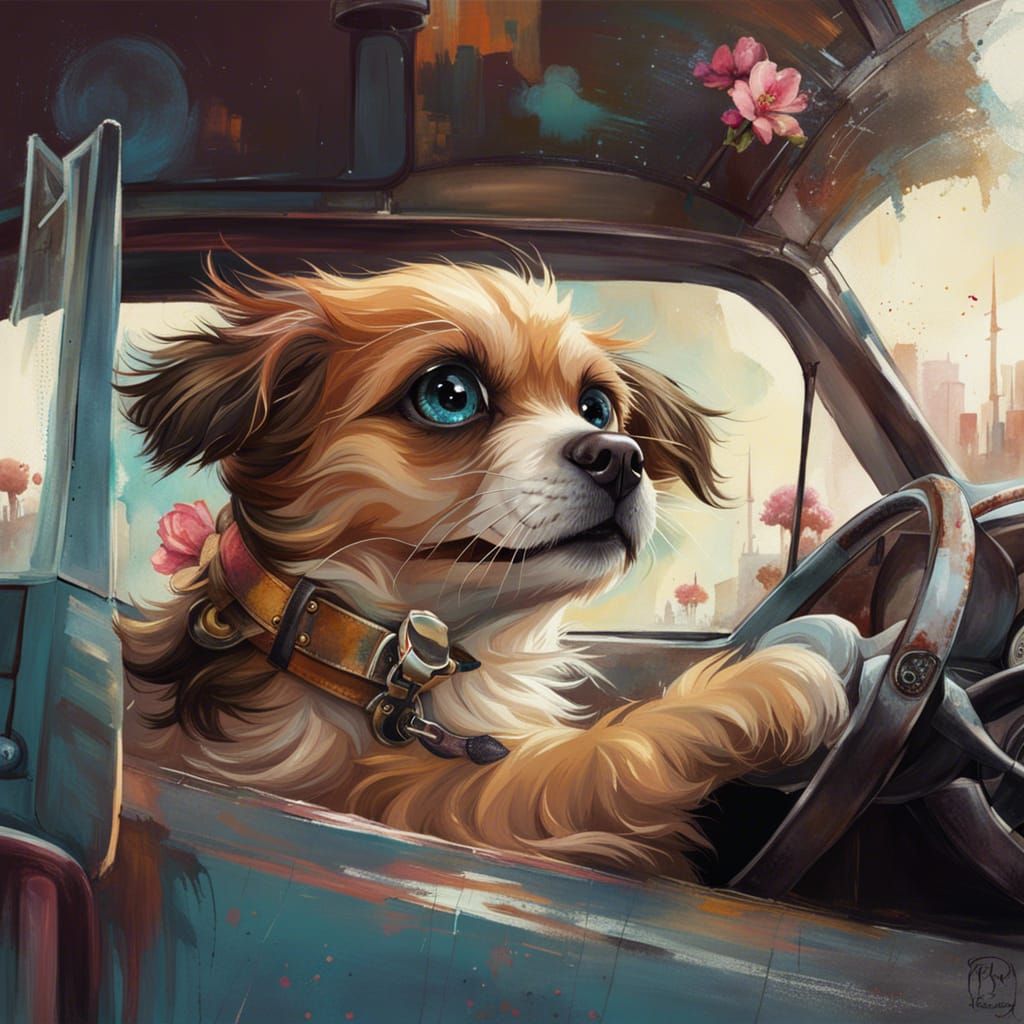 Dog Driving Car Portrait in Digital Art Style