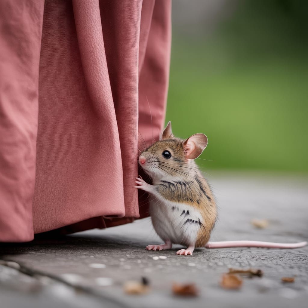 Shy mouse hides behind curtain