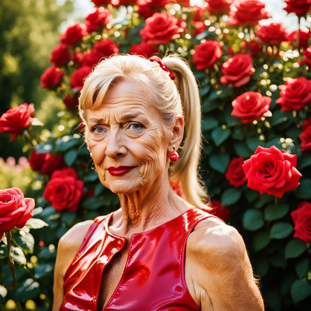 Pop Art Portrait of Woman in Red Dress Among Roses