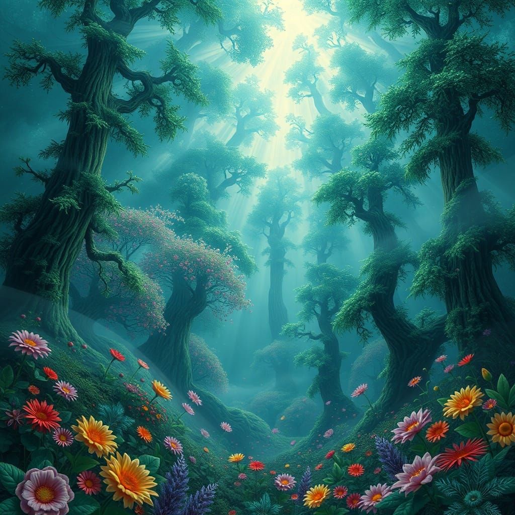 Mystical Forest with Ethereal Mist and Cosmic Flowers