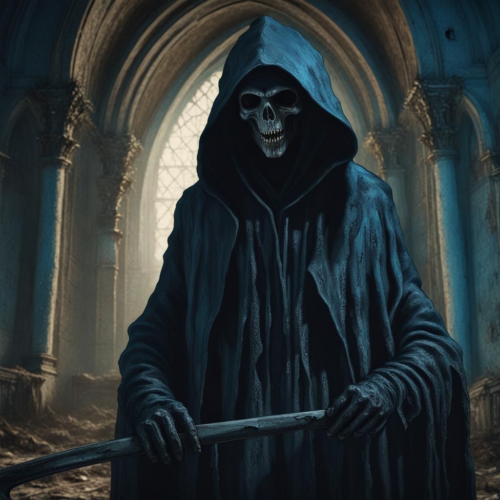 Grim Reaper in Ruined Church, Beksiński-Inspired Art
