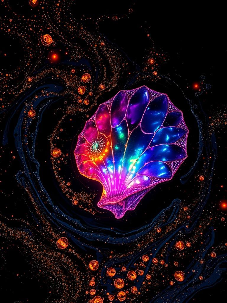 Ethereal Seashells in Bioluminescent Inky Depths