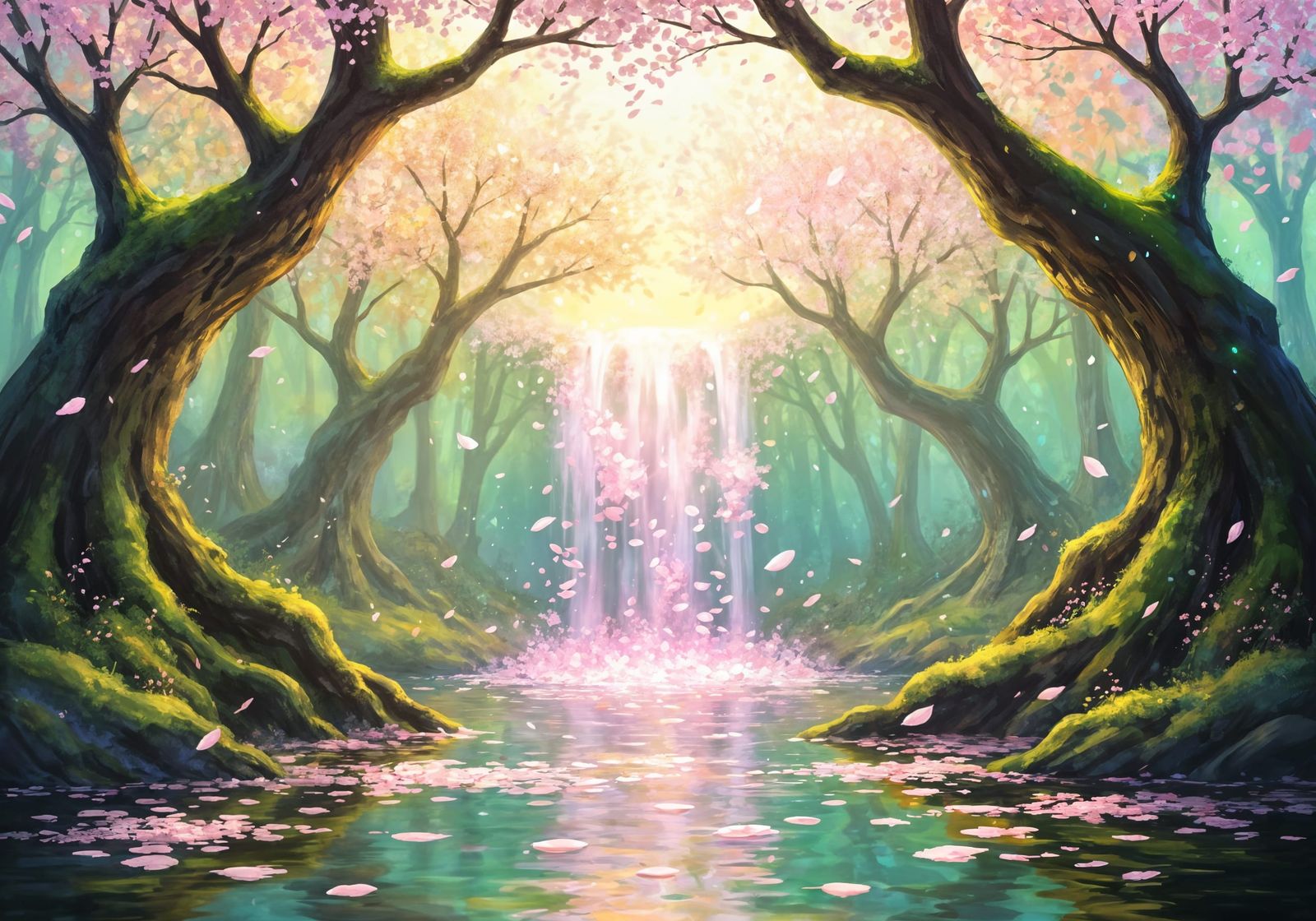 Enchanted Forest Waterfall in Golden Hour Light