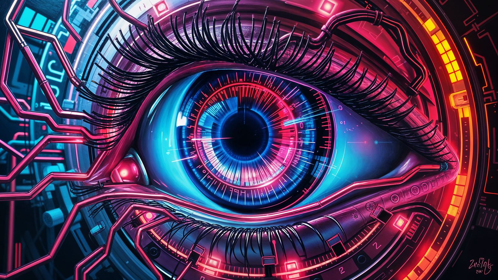 Cybernetic Eye with Holographic Equations in Cyberpunk Style
