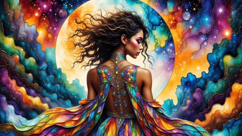 Ethereal Young Woman in Vibrant Silver Dress, Set Against a ...