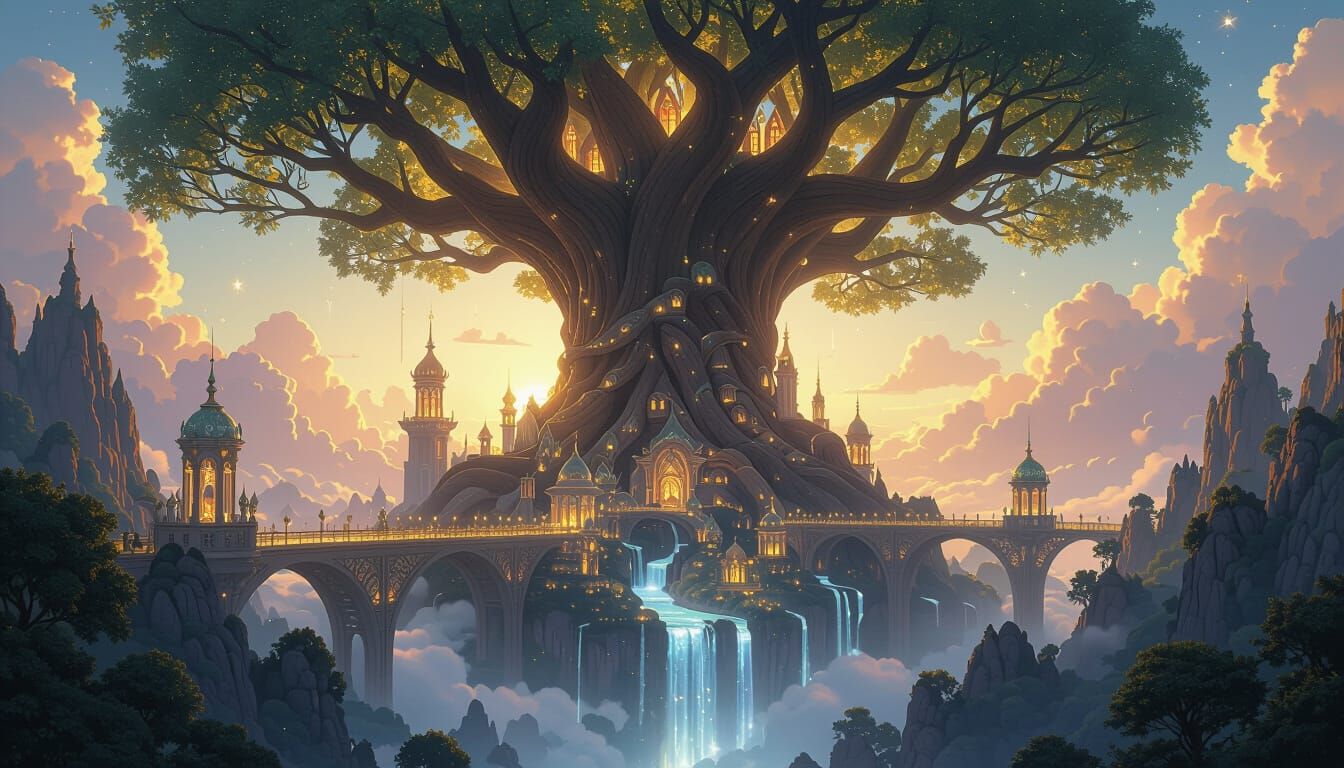 Ethereal Cityscape on Celestial Tree Branches in Golden Dawn...