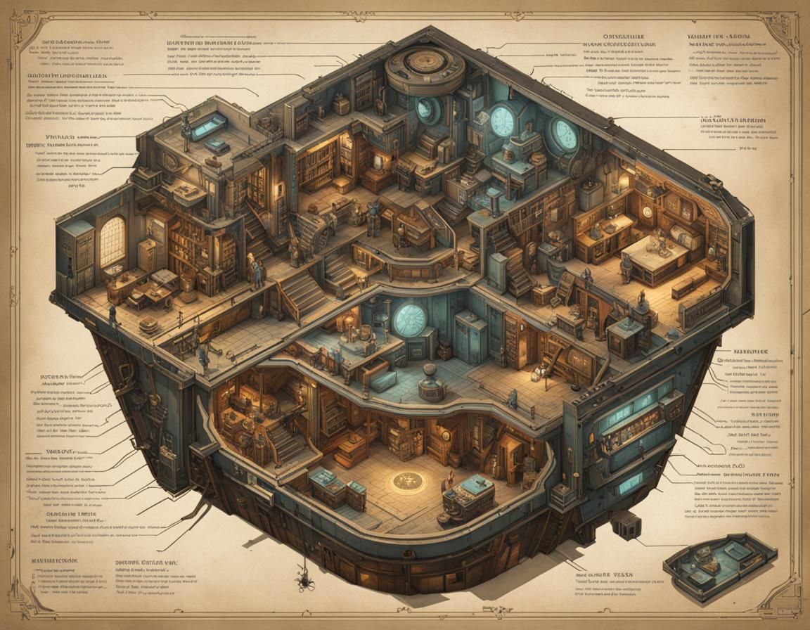 Steampunk Fallout Vault Cross-Section Blueprint Illustration