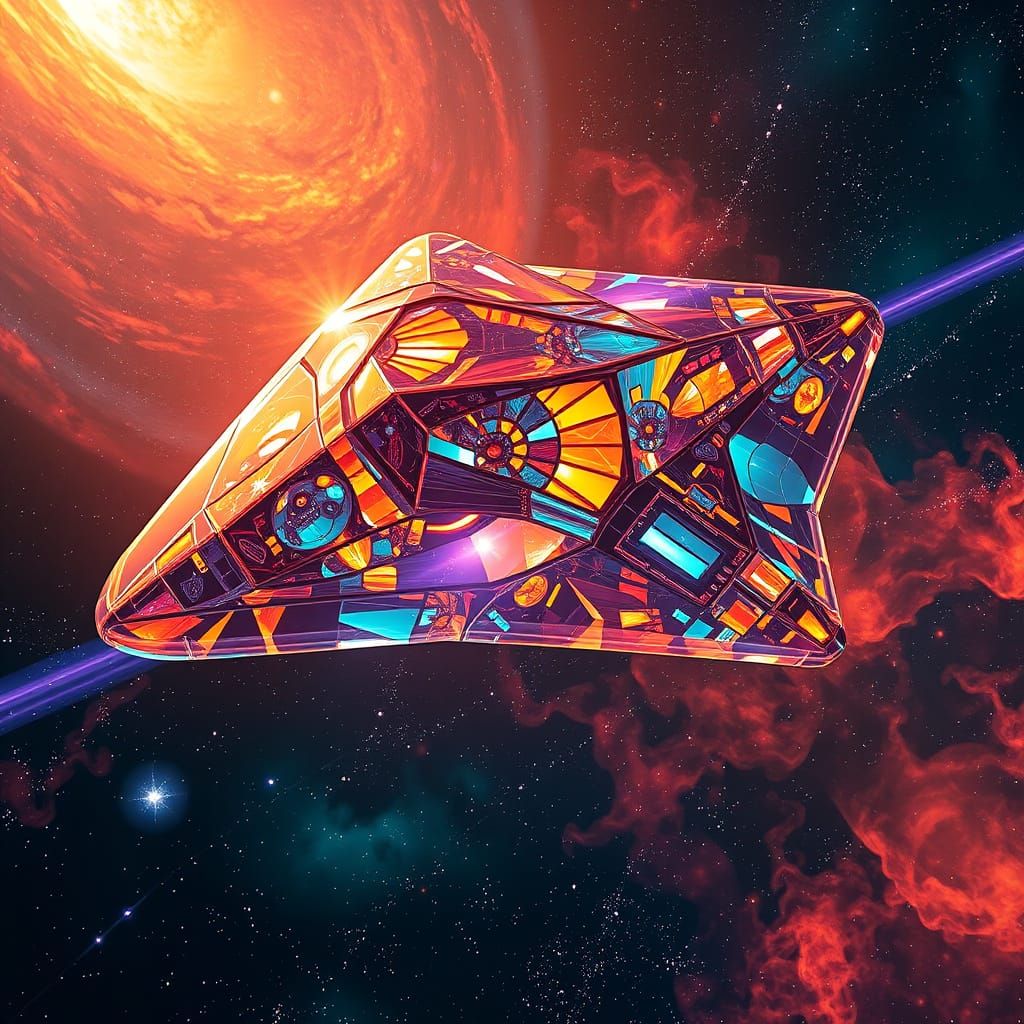 Surreal Glass Spaceship Explores Vibrant Galaxy in Triadic C...