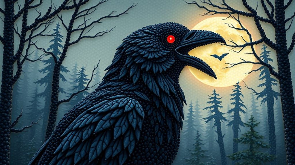 Mystical Raven in Moonlight with Glowing Red Eyes