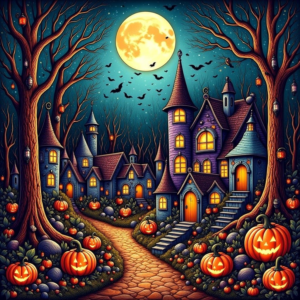 Magical Halloween Village in Enchanted Forest: Zentangle Art