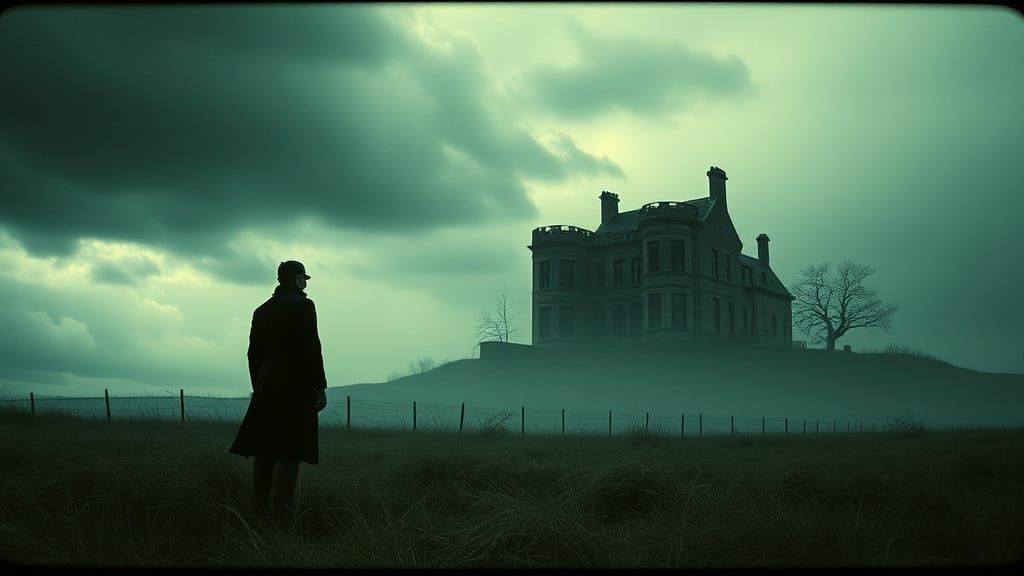 Melancholy Figure at Gothic Mansion in Film Noir Style