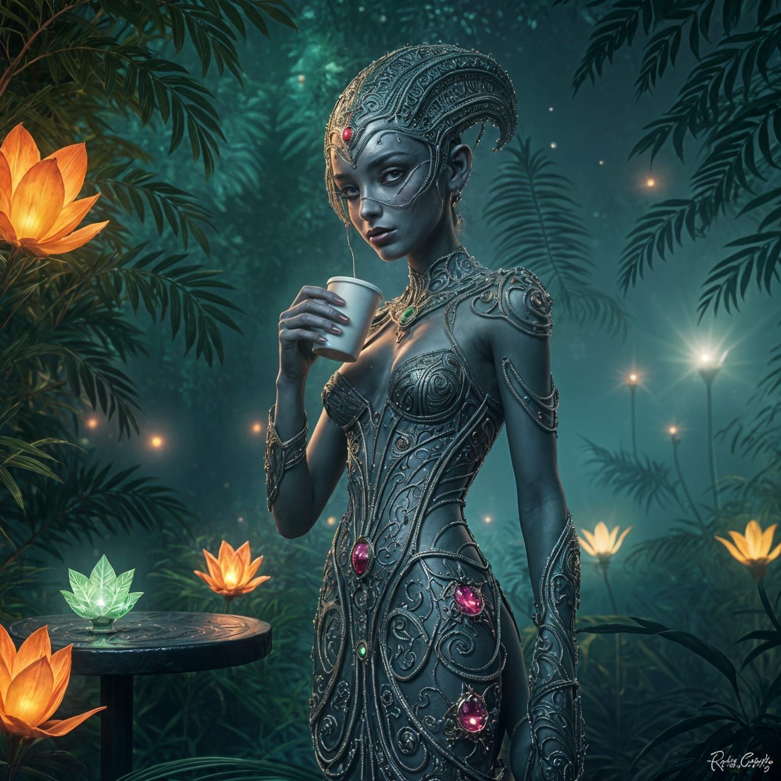 Goddess in Cosmic Jungle Sips Coffee in a Fiery, Photorealis...