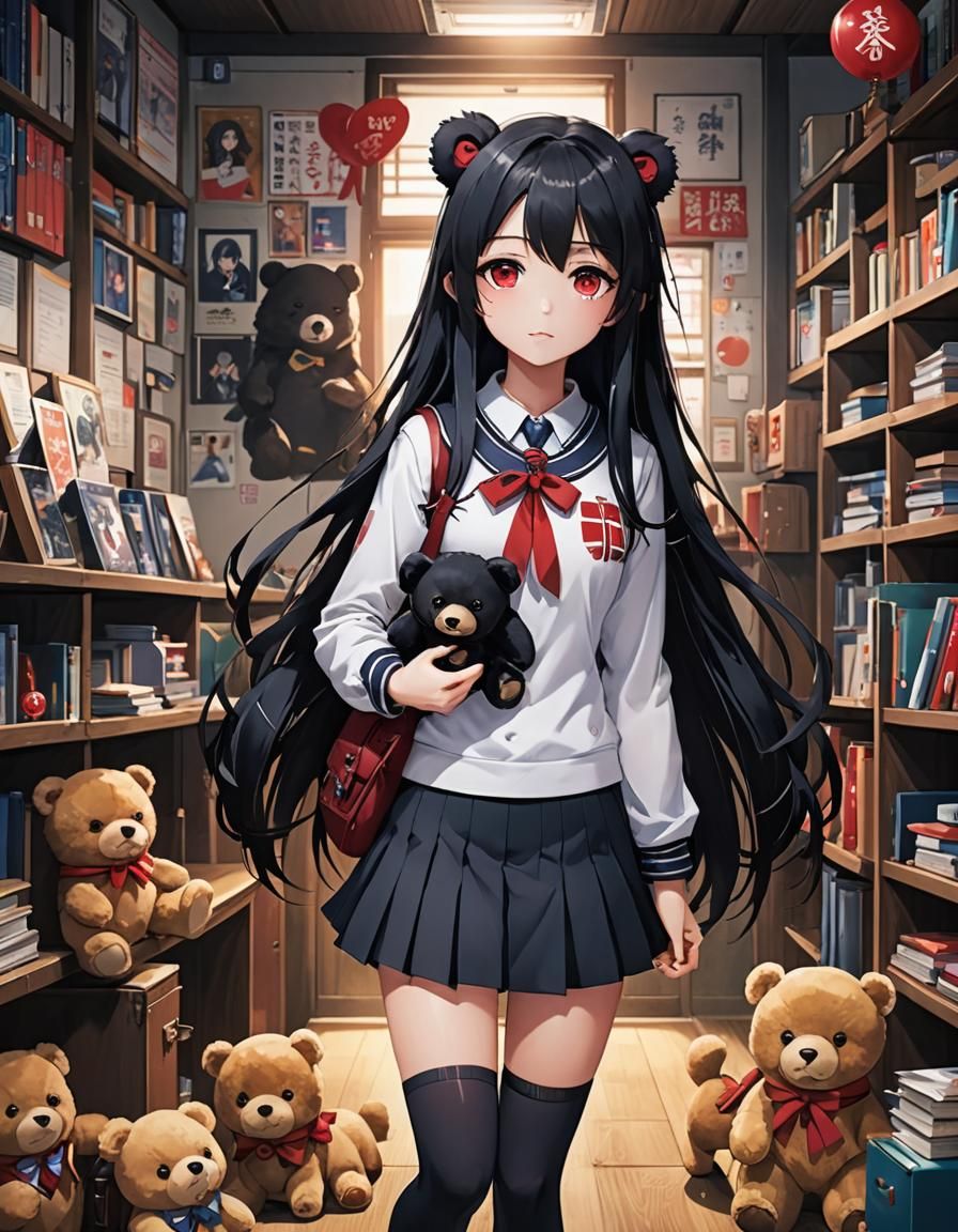 Anime Girl with Bear Doll in Cel-Shaded Style