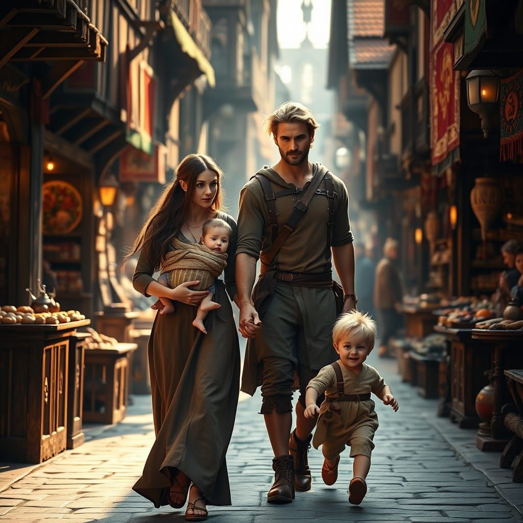 A Family's Medieval Market Adventure in Earthy Tones