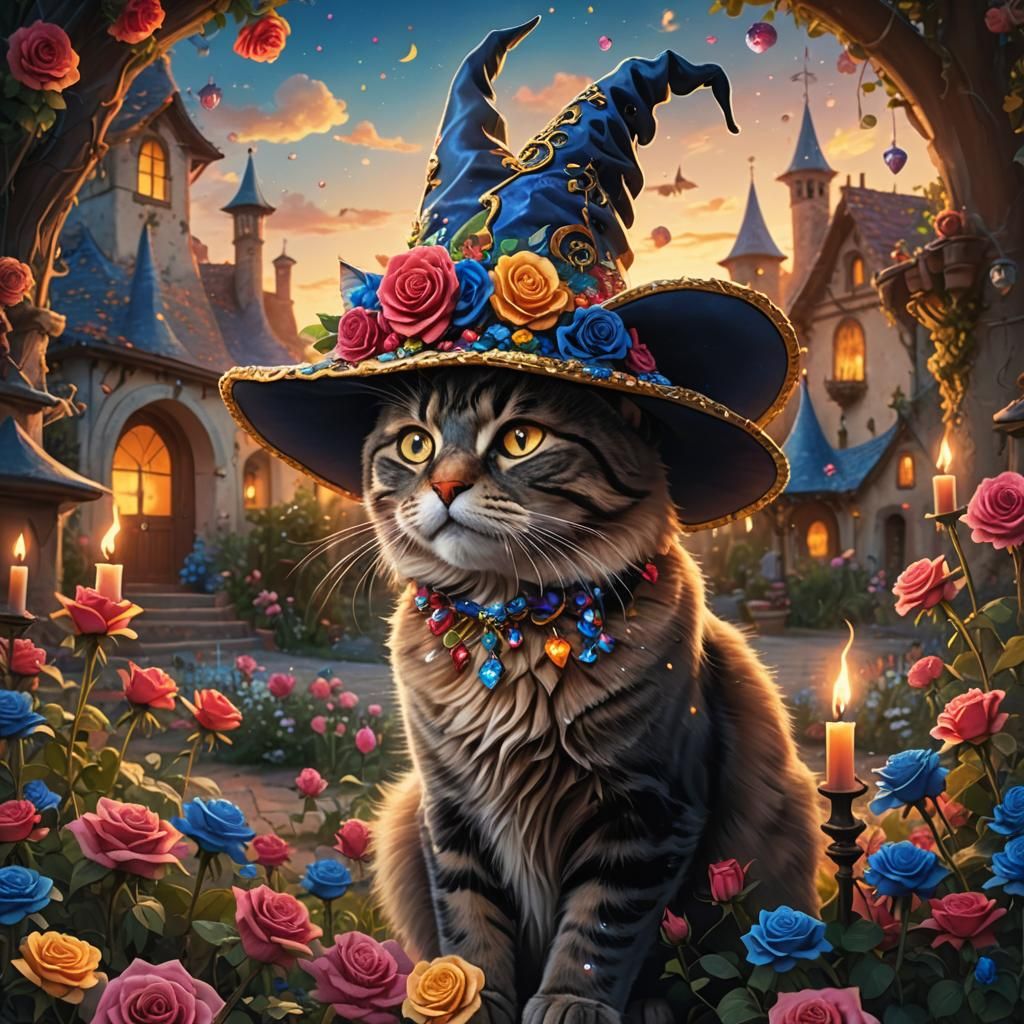 Cat in Witch Hat in Blue Rose Garden