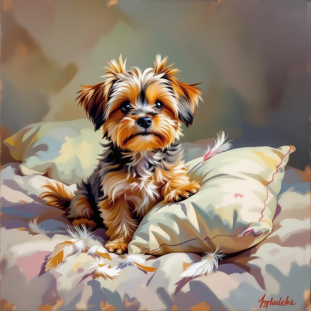 Adorable Dog Sits Amidst Torn Pillow Chaos