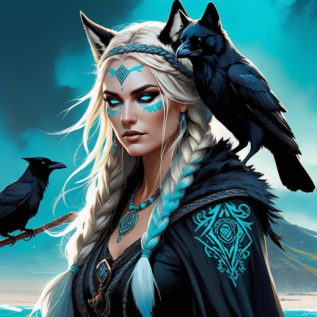 Scandinavian Witch with Raven Feathers and Wolf Pelt
