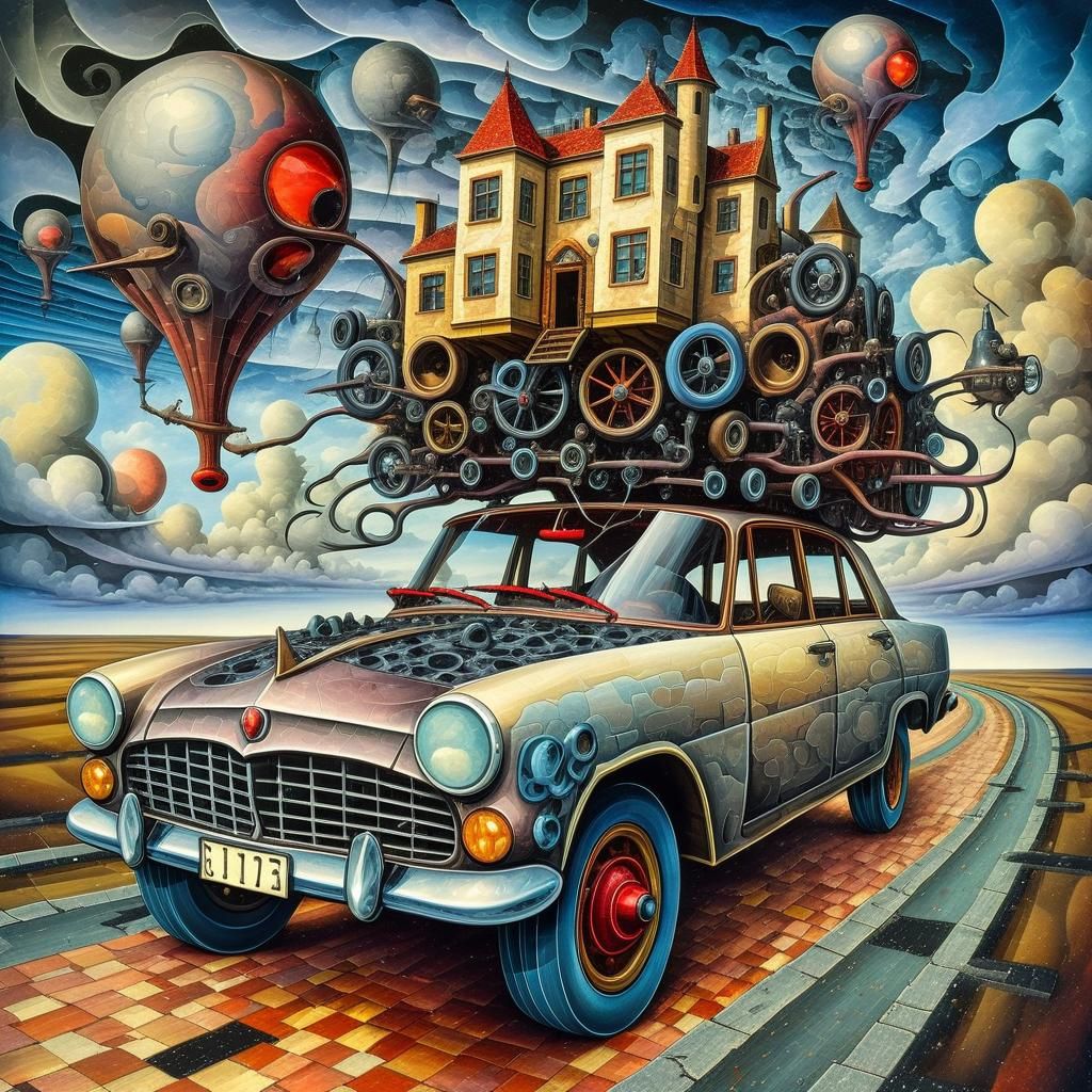 Surreal Car on Mystical Road Through Cosmos