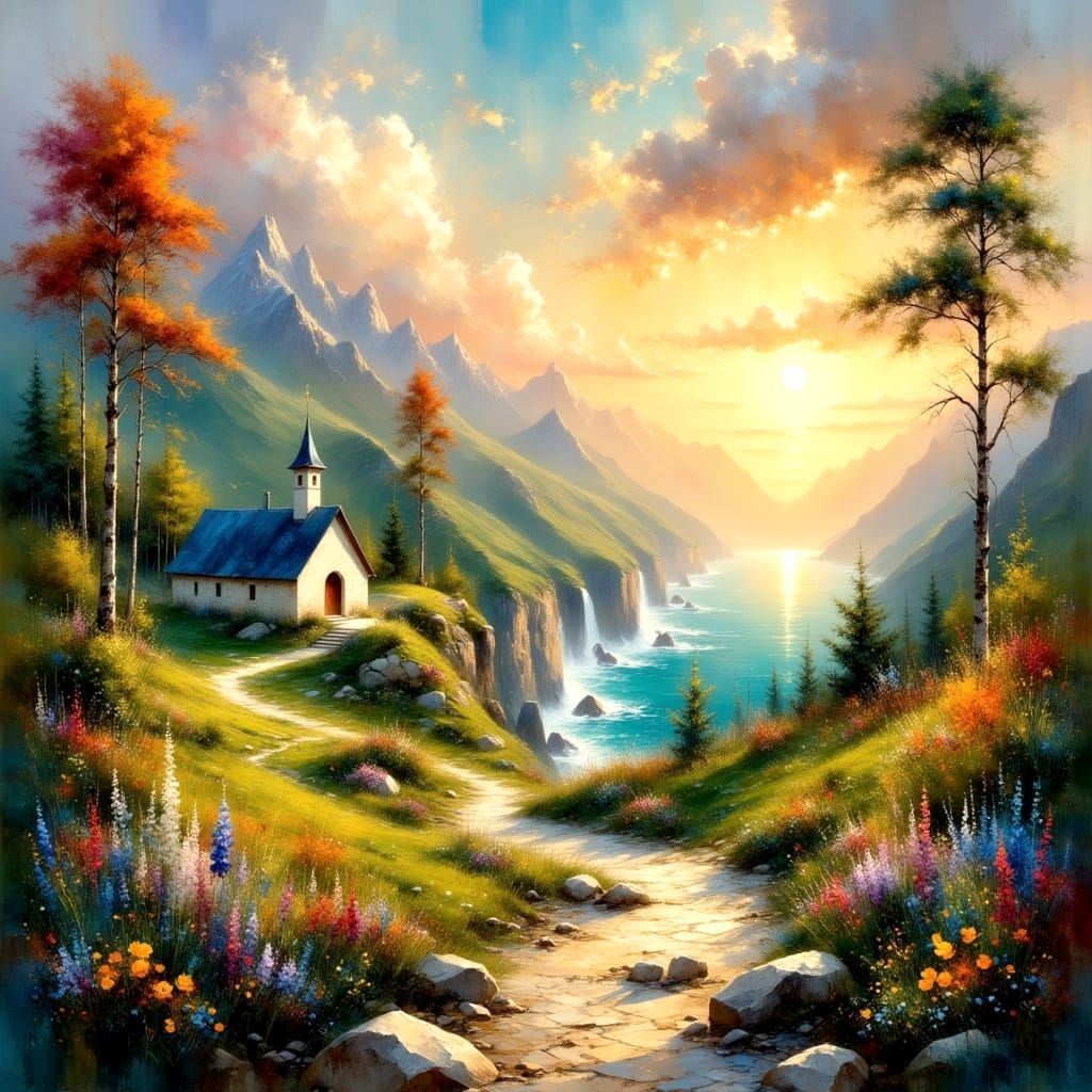 Dreamscape: Chapel, Waterfall, Sunset in Impasto Style