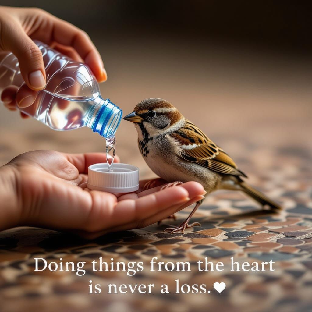 Sparrow Drinks From Hand in Touching Portrait