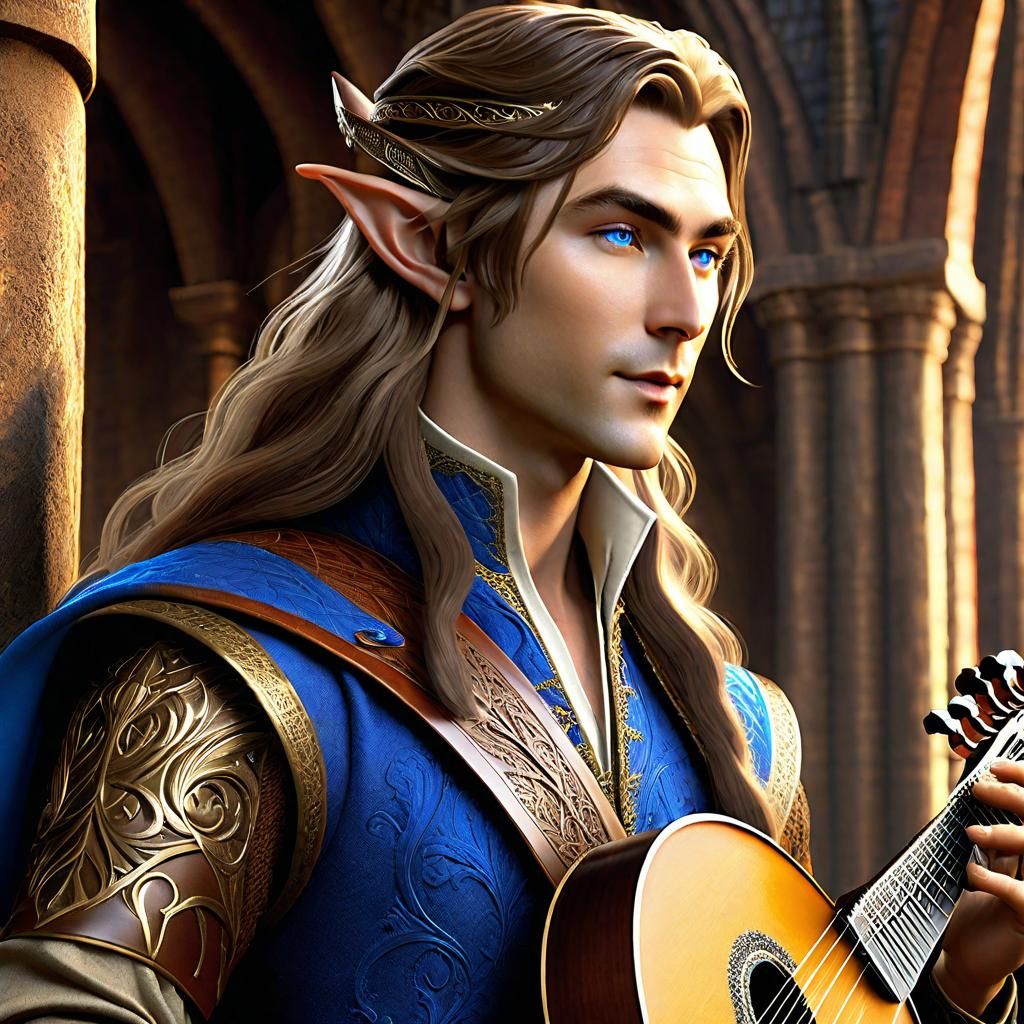 Handsome Elf Bard Plays Mandolin: Digital Matte Painting