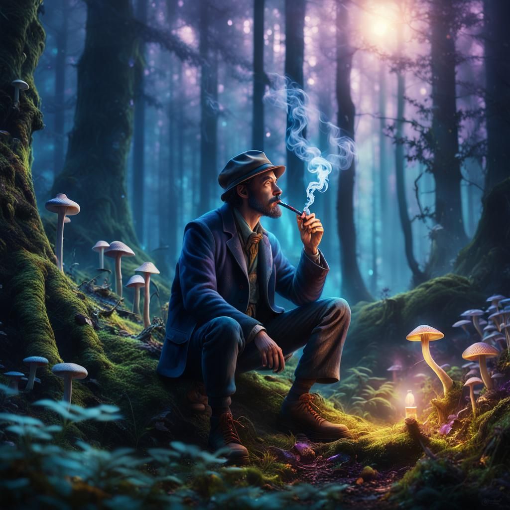Mysterious Man Smoking Pipe in Mystical Forest