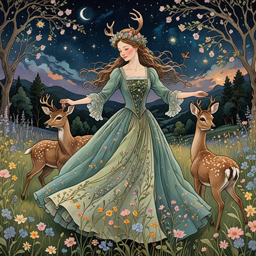 Spring Lady Dancing with Deer Under Starry Sky