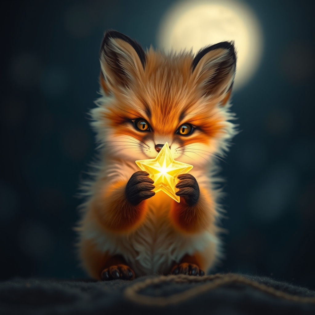 Miniature Fox Cub Holds Star in Dreamy Night