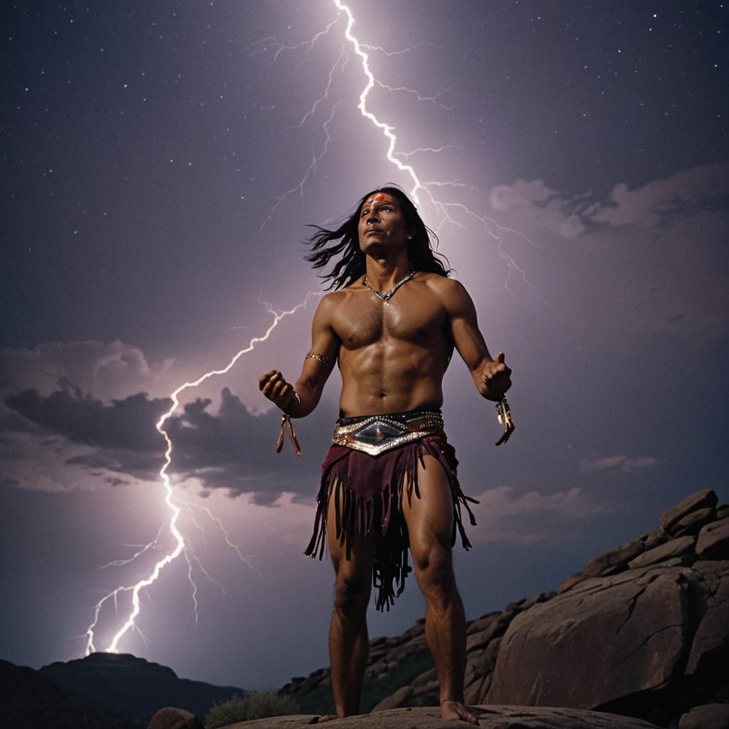 Native American Man on Butte at Night