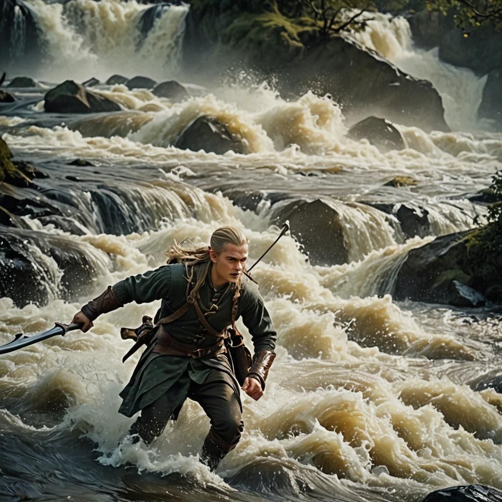 Legolas Runs Through Rushing River: Cinematic Still