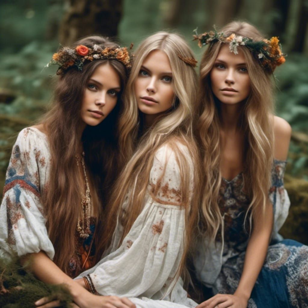 Two Hippie Witches Dancing with Brooms